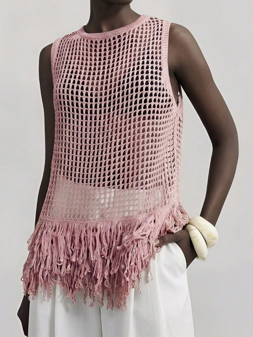 Pink Bohemian Women's Festival Look with Fringe Hem Knit Top & - Picture 4 of 6